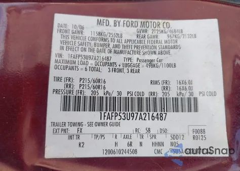 2007 Ford Taurus Se z USA, uszkodzony, nr VIN 1FAFP53U97A216487